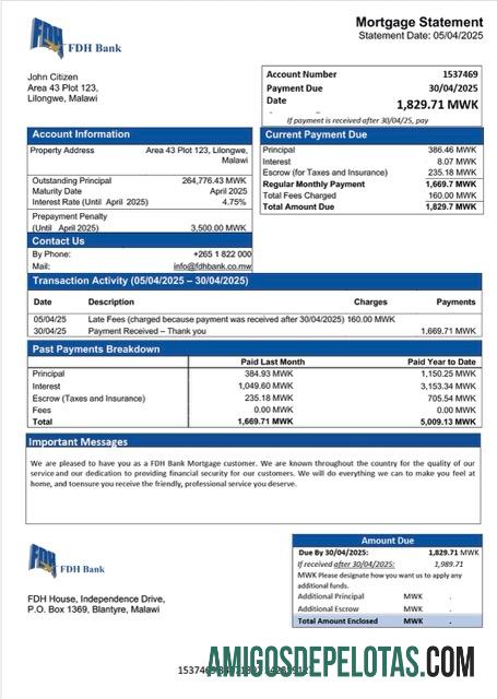 imprimível Modelo Word e PDF de declaração de hipoteca do Malawi FDH Bank